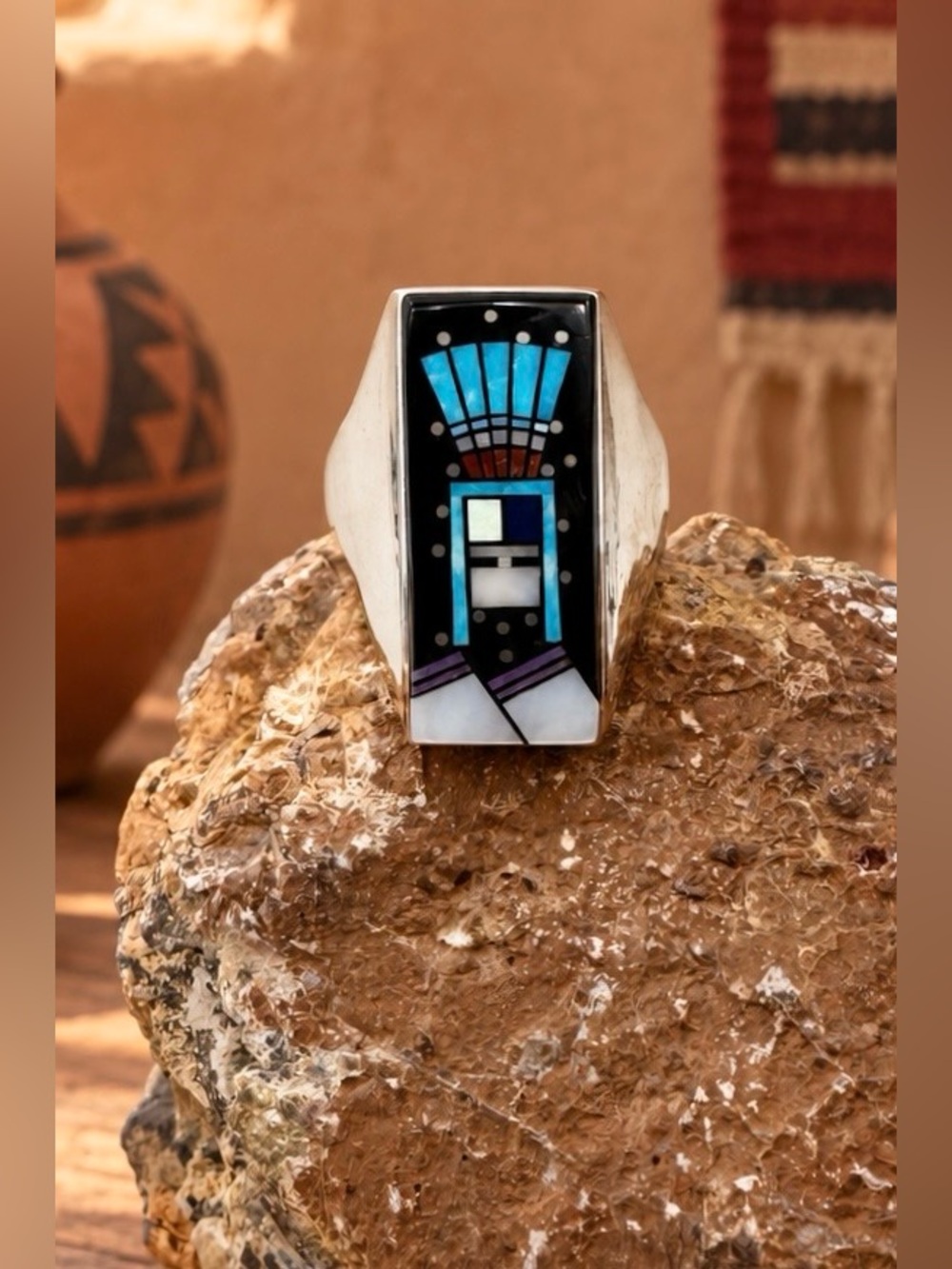 Clayton Tom Navajo Sterling Silver Multi Stone Micro Inlay Yei Bi Chei Mens Ring